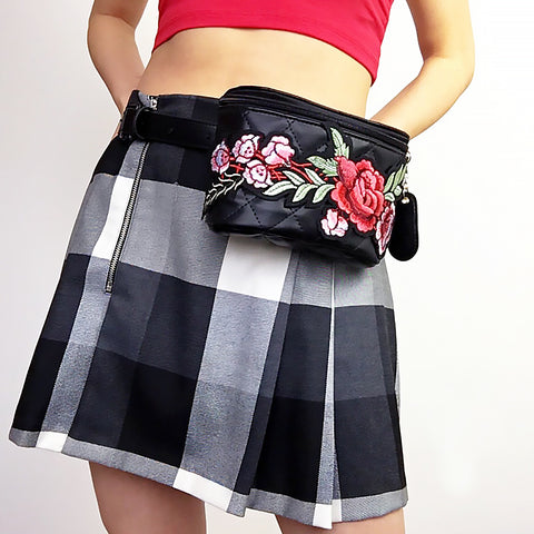 BLACK FAUX LEATHER QUILTED FLORAL BELT BAG