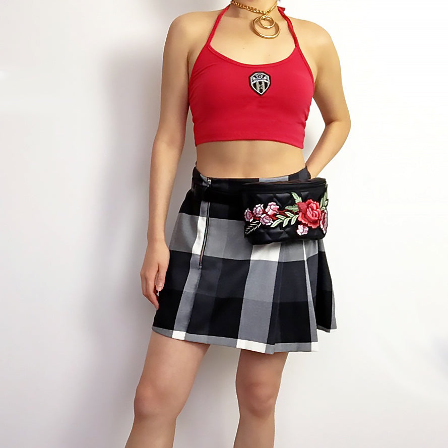 90S Y2K CHECK HIGH WAIST WAISTED SIDE DOUBLE PLEATS PLEATED SKIRT