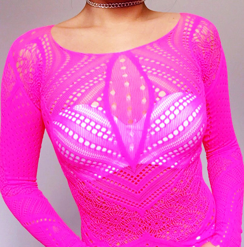 THICK STRETCHY PATTERN FISHNET MESH LONG SLEEVES SHORT TOP