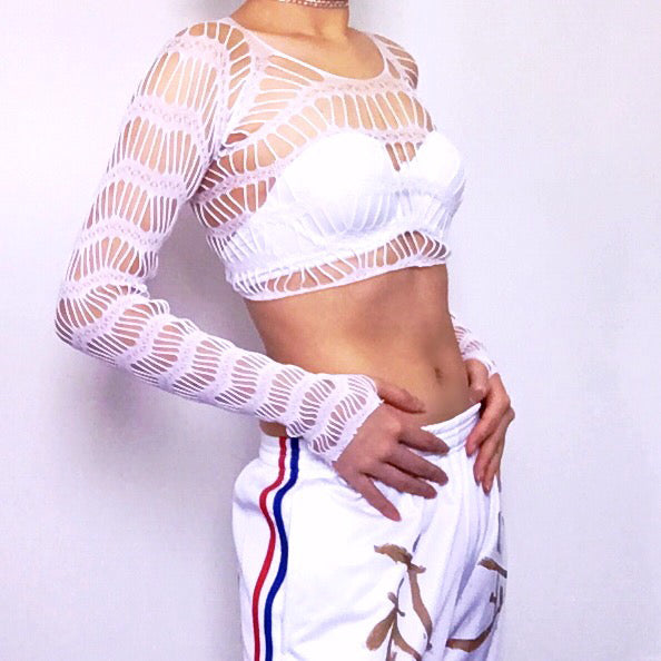 STRETCHY CROP PATTERN MESH TOP