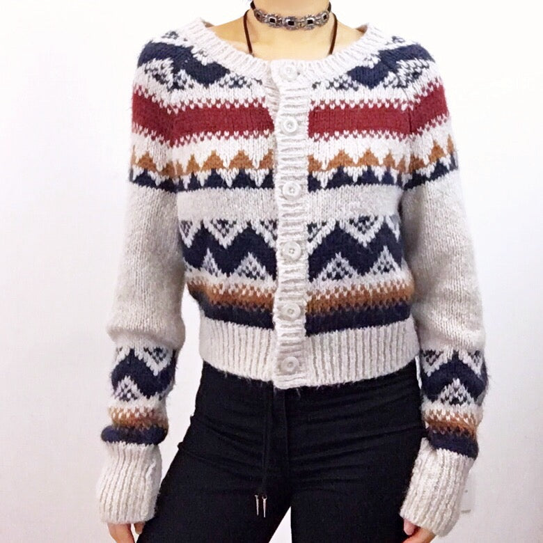 TRIBAL BOHO PATTERN GREY KNIT CARDIGAN JACKET