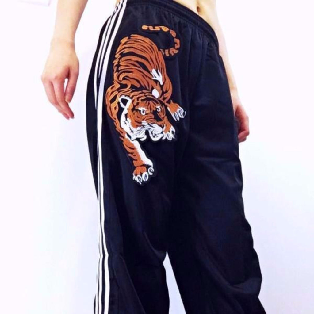 UNISEX TIGER EMBROIDERY BLACK 3-STRIPE TRACKSUIT TROUSERS