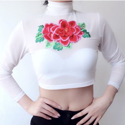 LAYER LAREG FLORAL HIGH NECK CROP MESH TOP