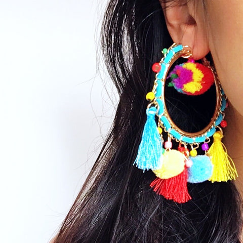 COLOURFUL POM POM HOOP EARRINGS