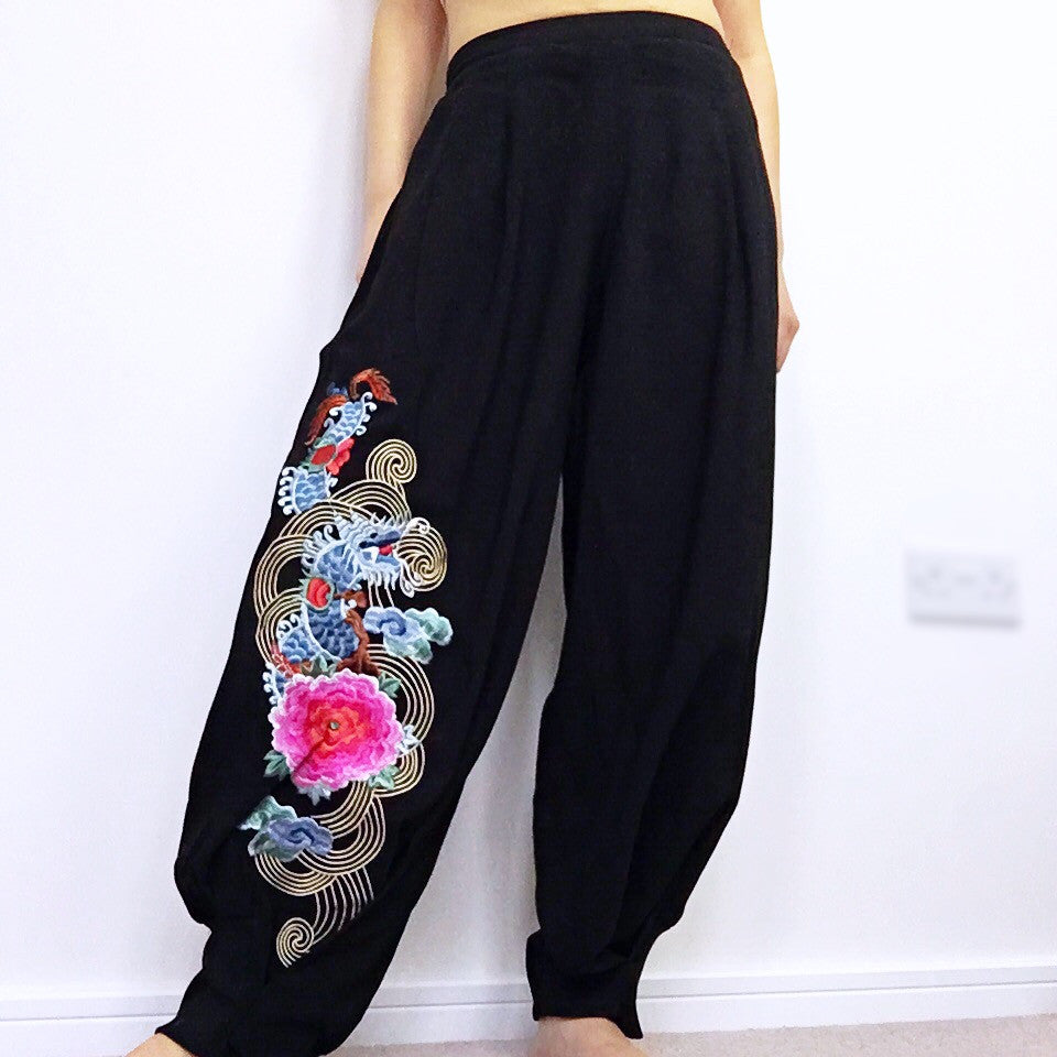 DRAGON FLORAL EMBROIDERY BOHO TROUSERS