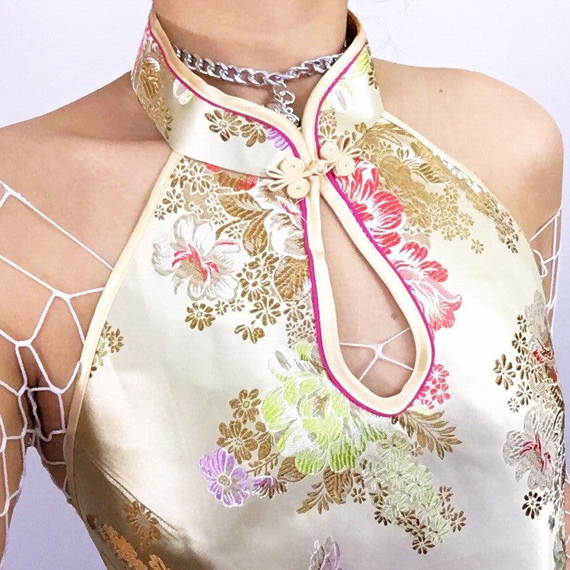 Y2K 90S 00S TREE PEONY FLORAL COLLAR SILKY TOP