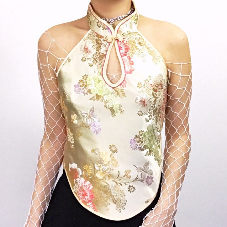 Y2K 90S 00S TREE PEONY FLORAL COLLAR SILKY TOP