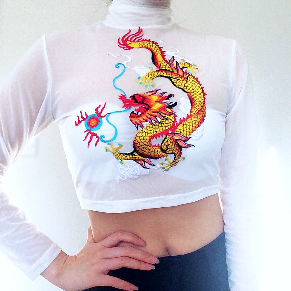 DRAGON HIGH NECK CROP MESH TOP