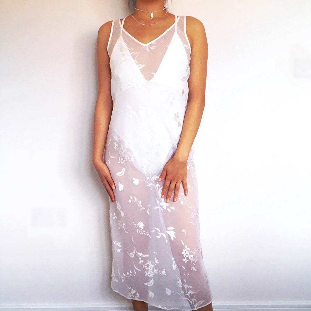 90s Y2K 2000s VINTAGE WHITE CREAM FLORAL SEMI SHEER SEE THROUGH LONG MAXI CHIFFON DRESS EXCLUDED THE BODYSUIT