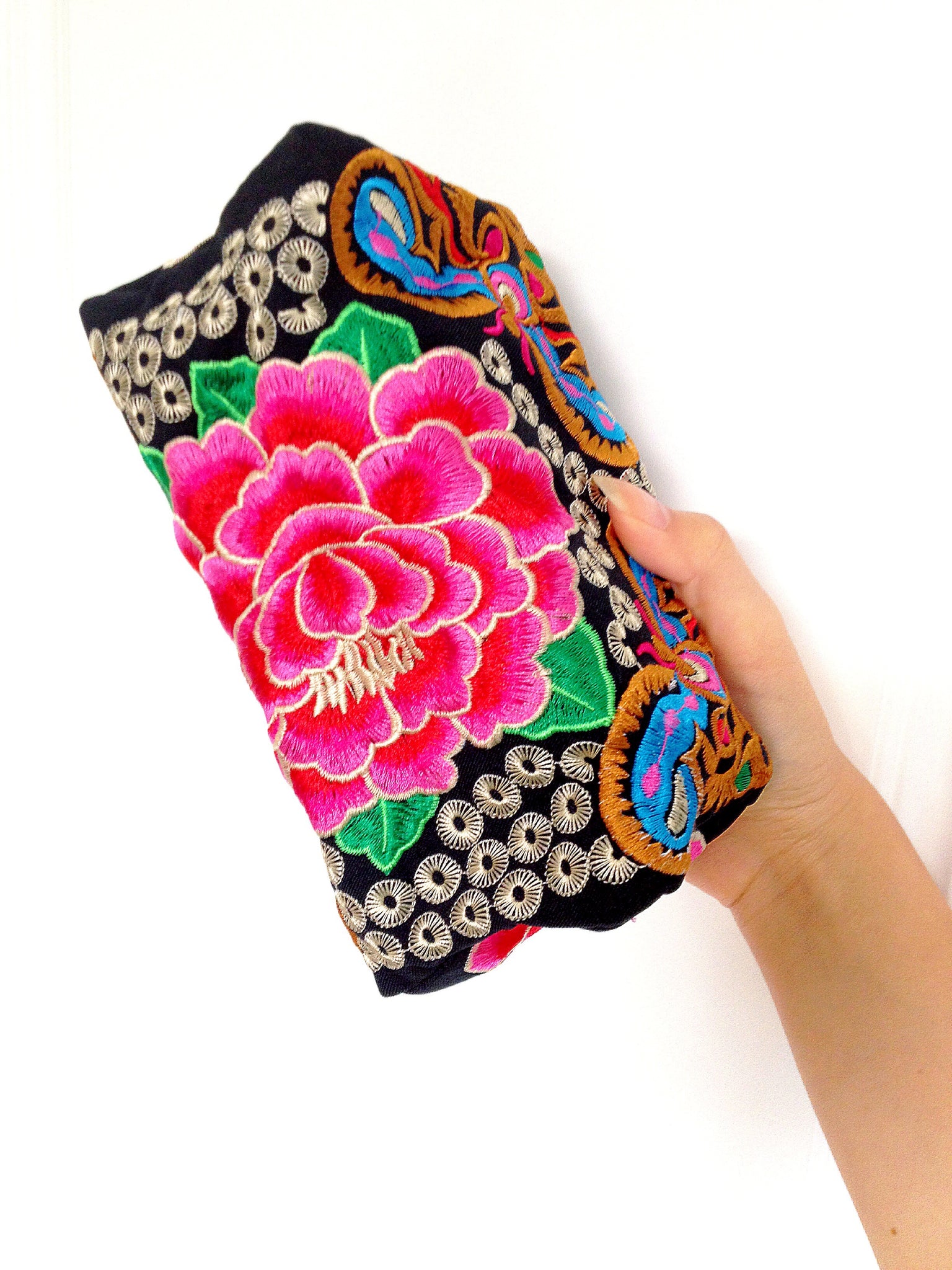 RED PINK MULTI COLOUR BLACK TRIBAL FLORAL EMBROIDERED BAG