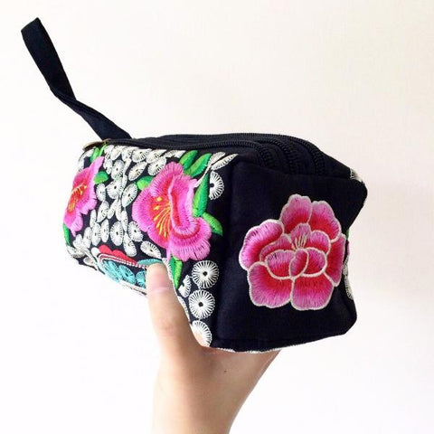 RED PINK MULTI COLOUR BLACK TRIBAL FLORAL EMBROIDERED BAG