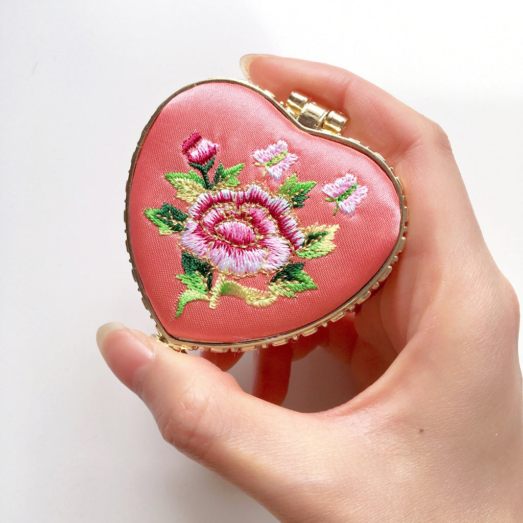 HEART SHAPED FLORAL EMBROIDERED SILKY PORTABLE MIRROR