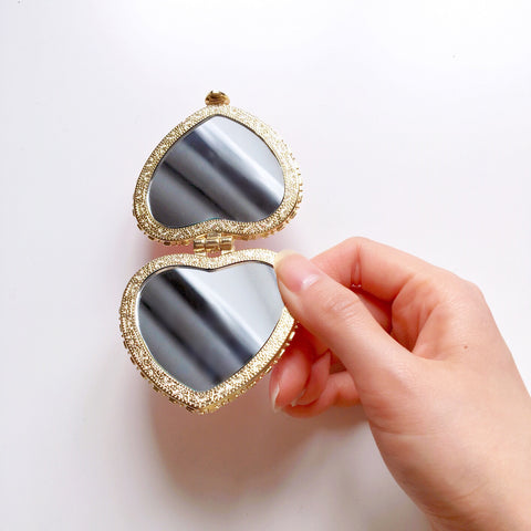HEART SHAPED FLORAL EMBROIDERED SILKY PORTABLE MIRROR