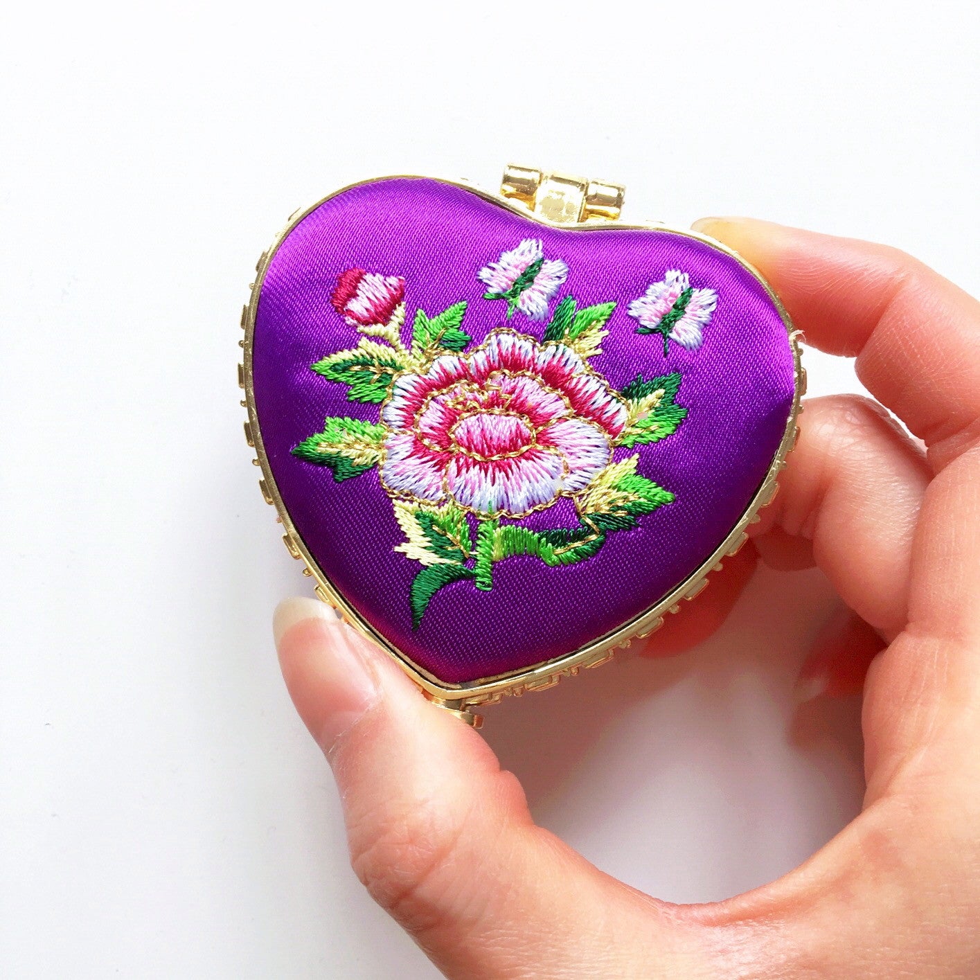 HEART SHAPED FLORAL EMBROIDERED SILKY PORTABLE MIRROR