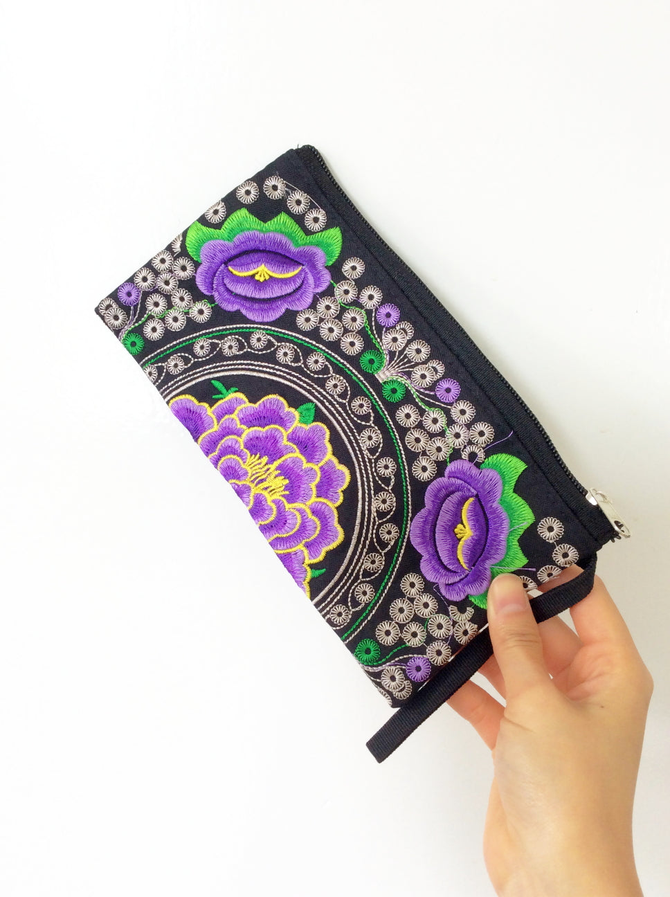 PURPLE MULTI COLOUR BLACK TRIBAL  FLORAL EMBROIDERED PURSE BAG