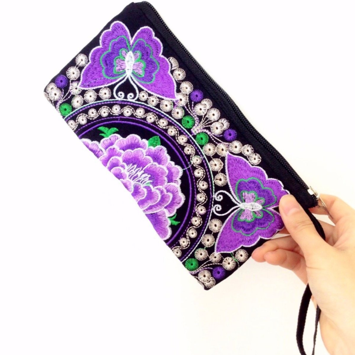 PURPLE MULTI COLOUR BLACK TRIBAL  FLORAL EMBROIDERED PURSE BAG