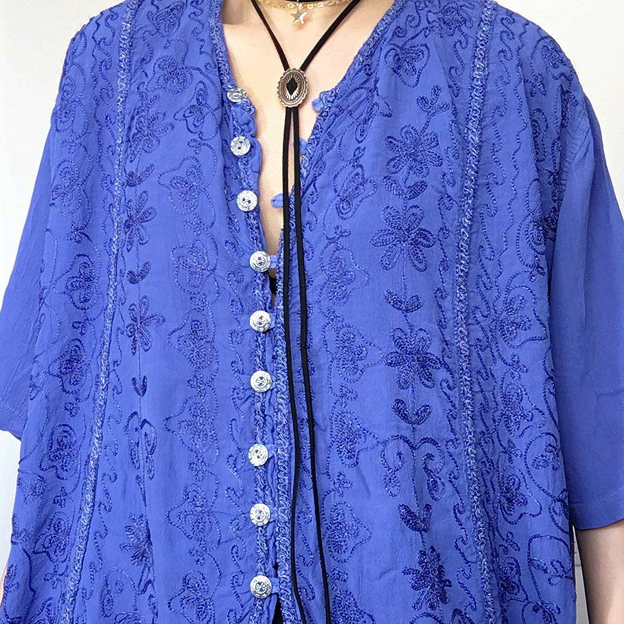 BOHO HIPPIE FLORAL EMBROIDERY MID SLEEVES OVERSIZED DRESS SHIRT TOP