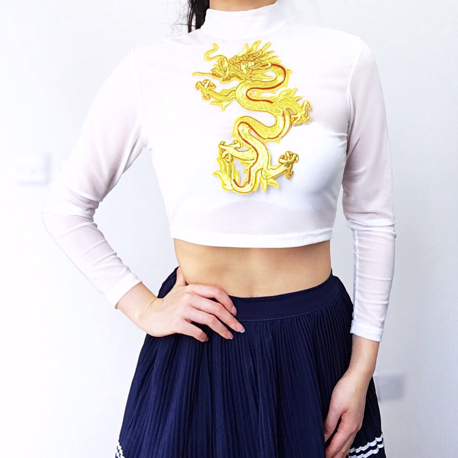 GOLD DRAGON HIGH NECK CROP MESH TOP