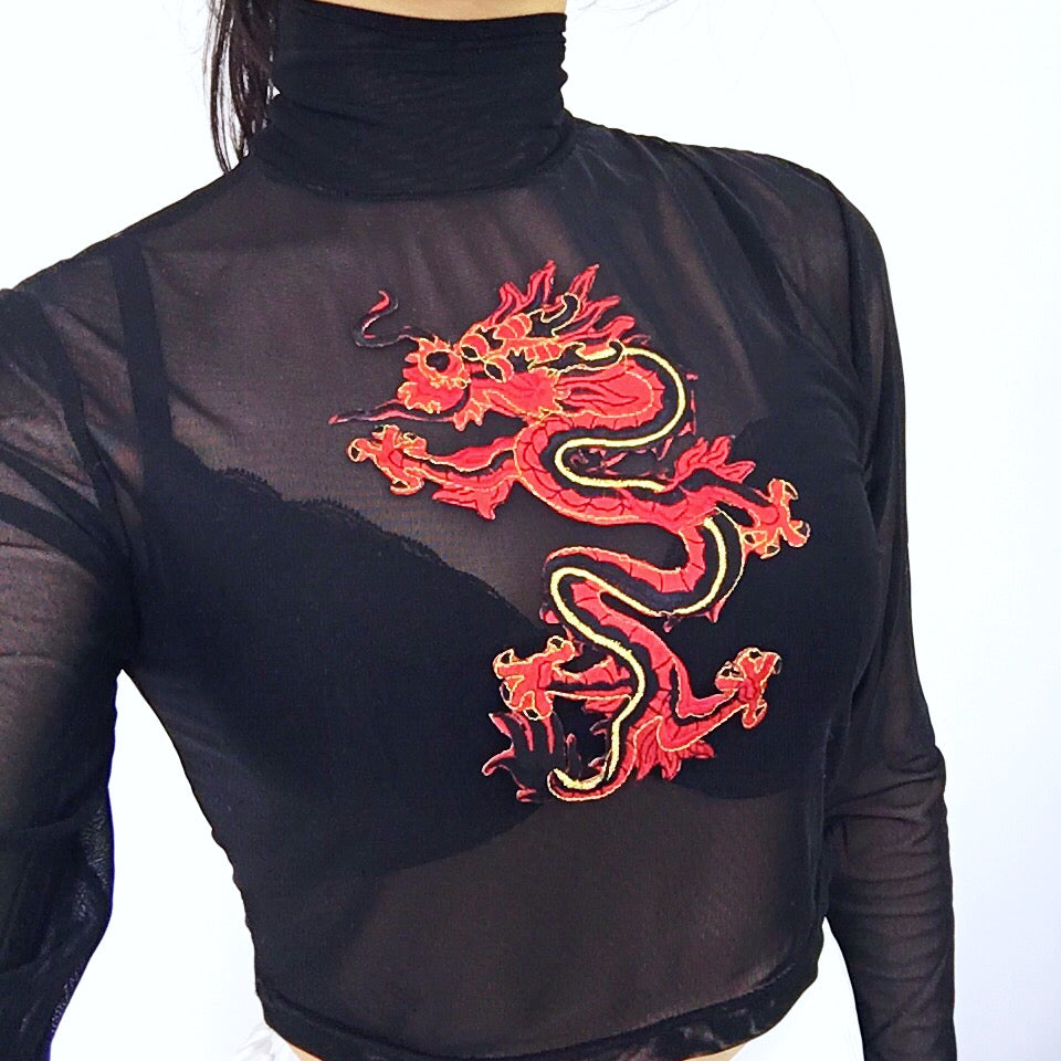 RED DRAGON HIGH NECK CROP MESH TOP