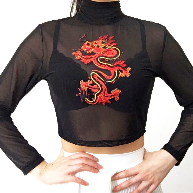 RED DRAGON HIGH NECK CROP MESH TOP