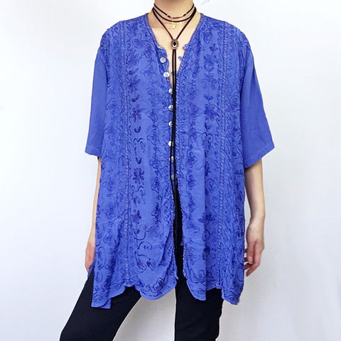 BOHO HIPPIE FLORAL EMBROIDERY MID SLEEVES OVERSIZED DRESS SHIRT TOP