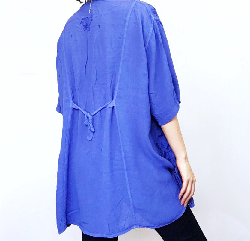 BOHO HIPPIE FLORAL EMBROIDERY MID SLEEVES OVERSIZED DRESS SHIRT TOP