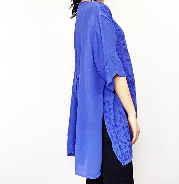 BOHO HIPPIE FLORAL EMBROIDERY MID SLEEVES OVERSIZED DRESS SHIRT TOP