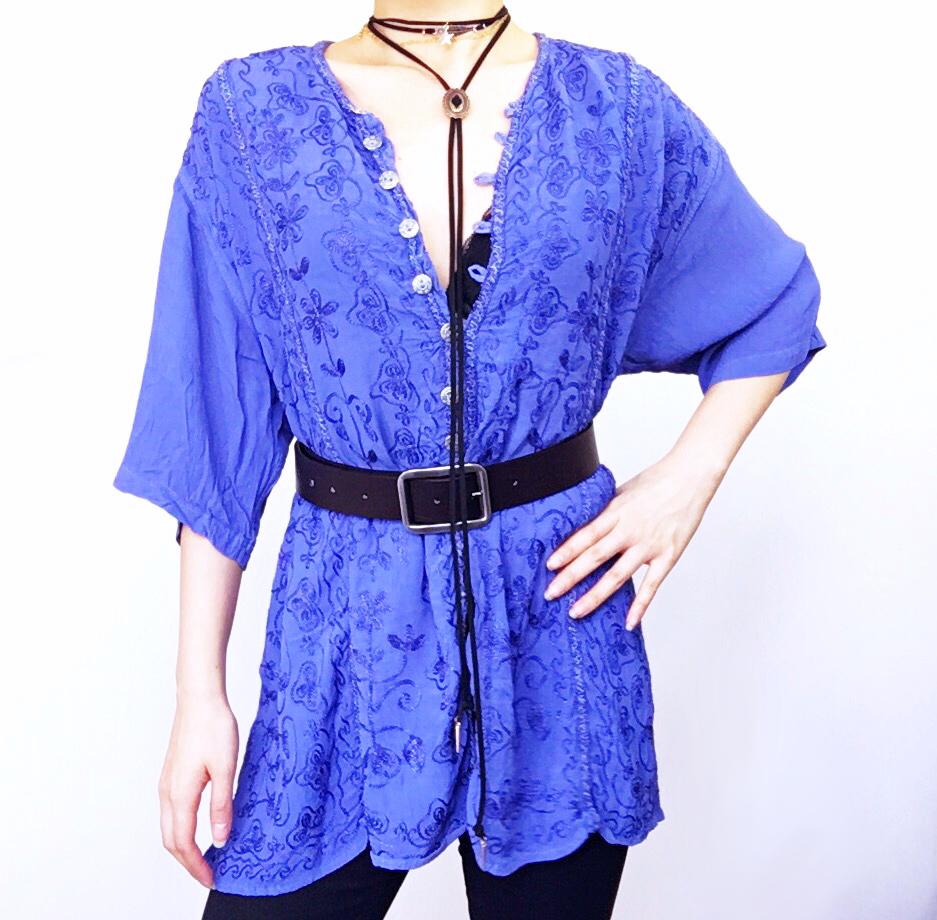 BOHO HIPPIE FLORAL EMBROIDERY MID SLEEVES OVERSIZED DRESS SHIRT TOP