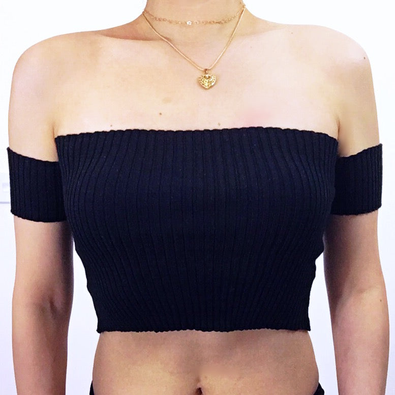 KNIT RIB OFF SHOULDER CROP TOP