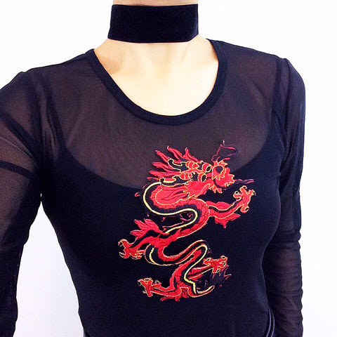 RED DRAGON ROUND NECK CROP MESH TOP