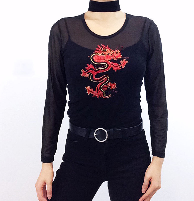 RED DRAGON ROUND NECK CROP MESH TOP