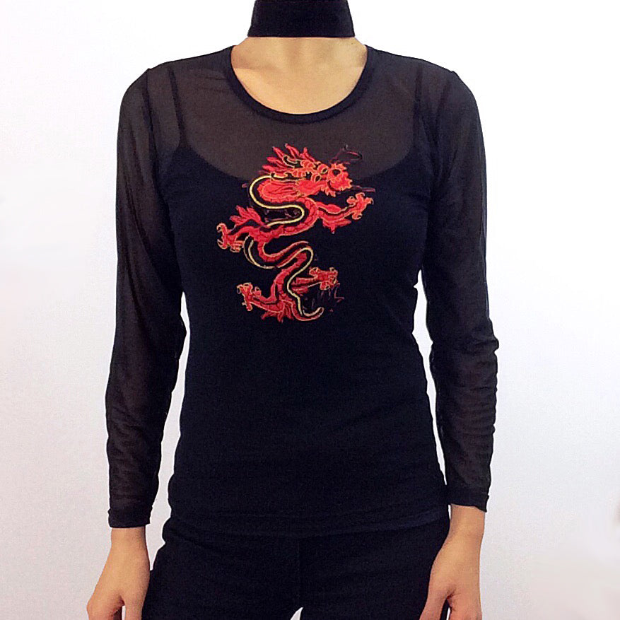 RED DRAGON ROUND NECK CROP MESH TOP