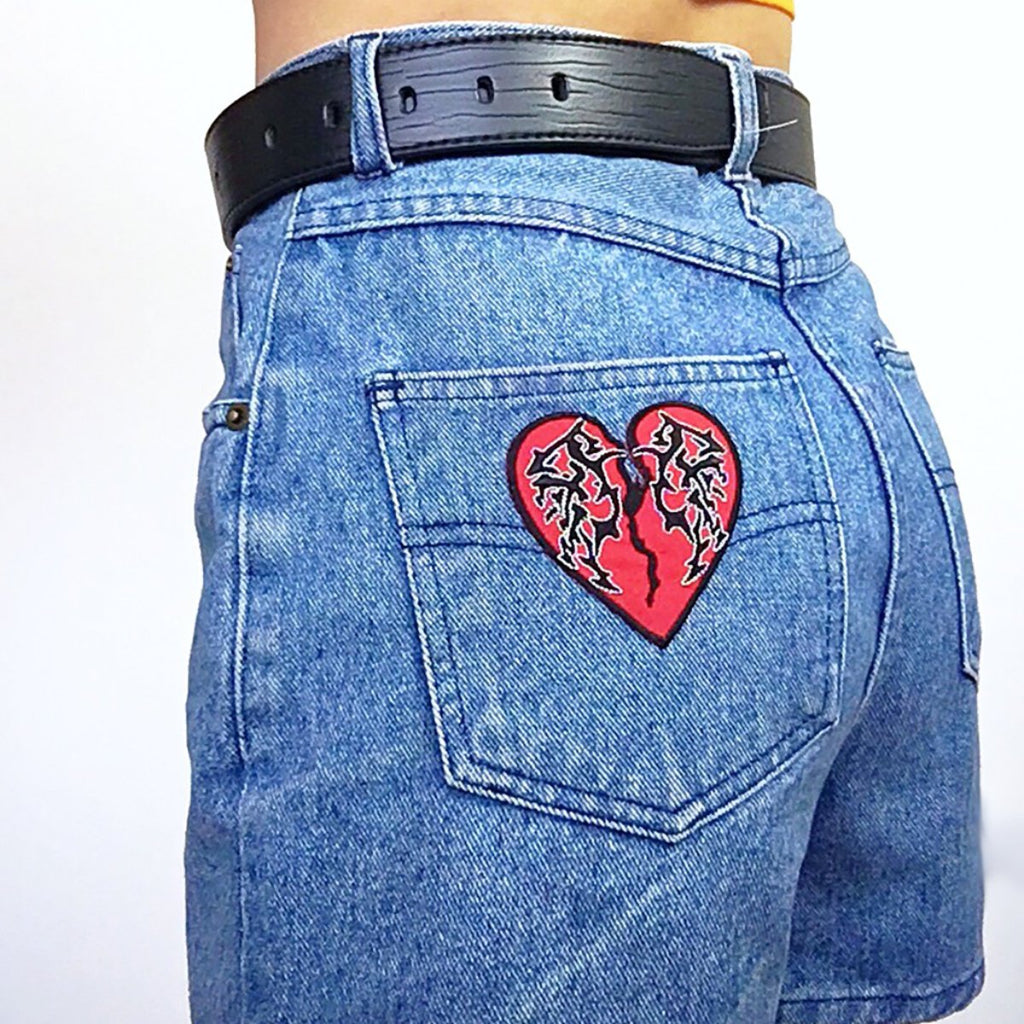 90S HIGH WAIST WAISTED DENIM SHORTS WITH EVIL HEART