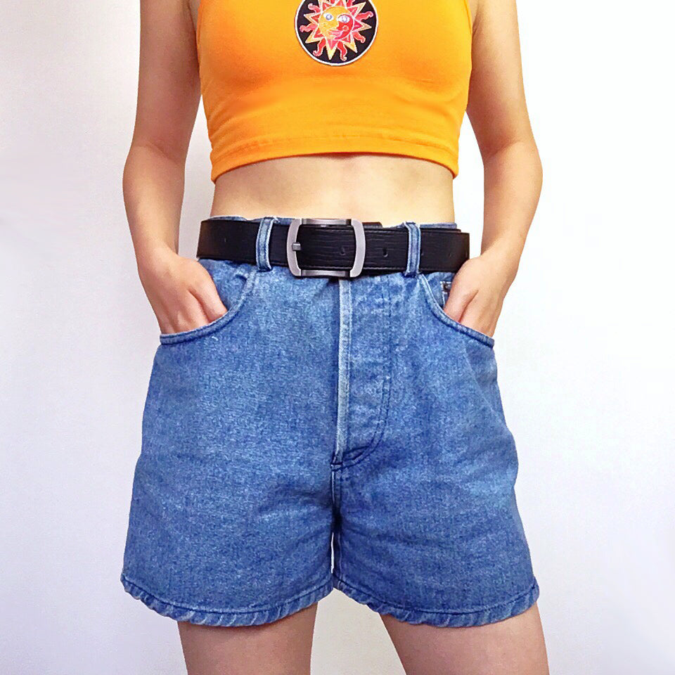 90S HIGH WAIST WAISTED DENIM SHORTS WITH EVIL HEART