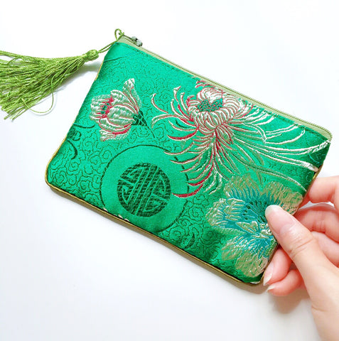 TREE PEONY EMBROIDERED SILKY PURSE BAG
