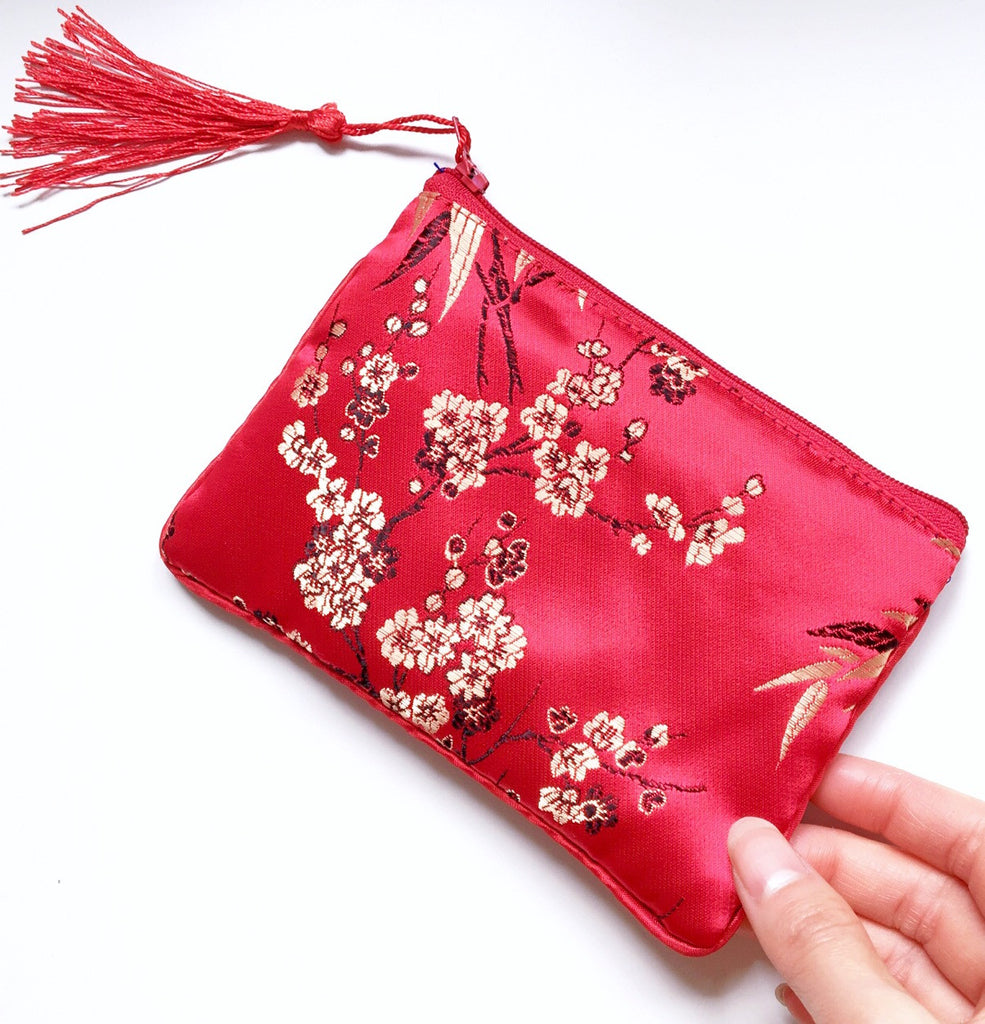 PLUM BLOSSOM EMBROIDERED SILKY PURSE BAG