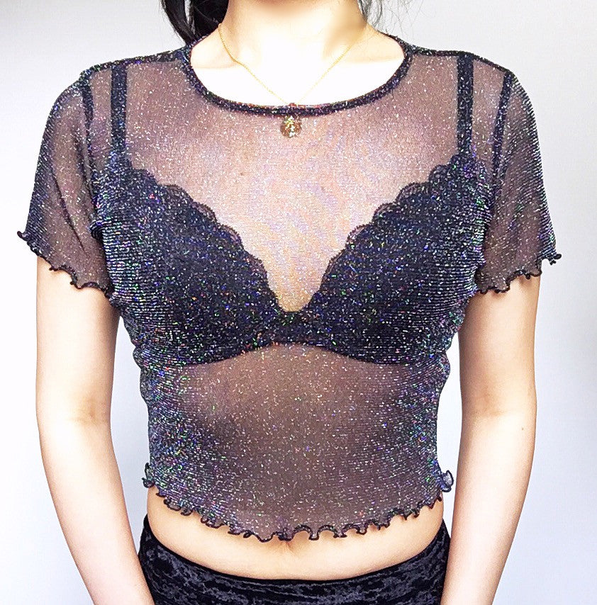 GLITTER SHORT SLEEVES MESH TOP