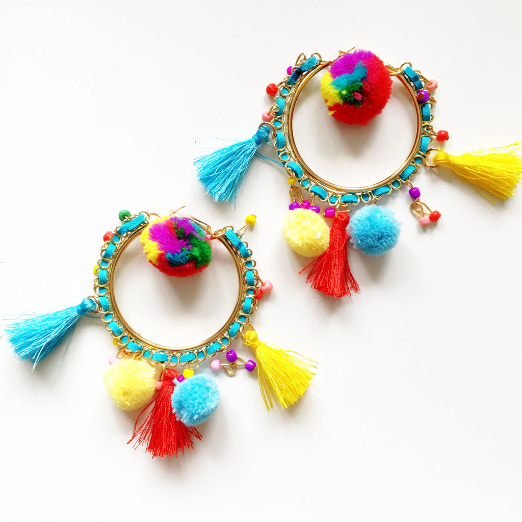 COLOURFUL POM POM HOOP EARRINGS