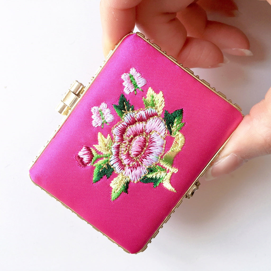 RECTANGULAR FLORAL EMBROIDERED SILKY PORTABLE MIRROR