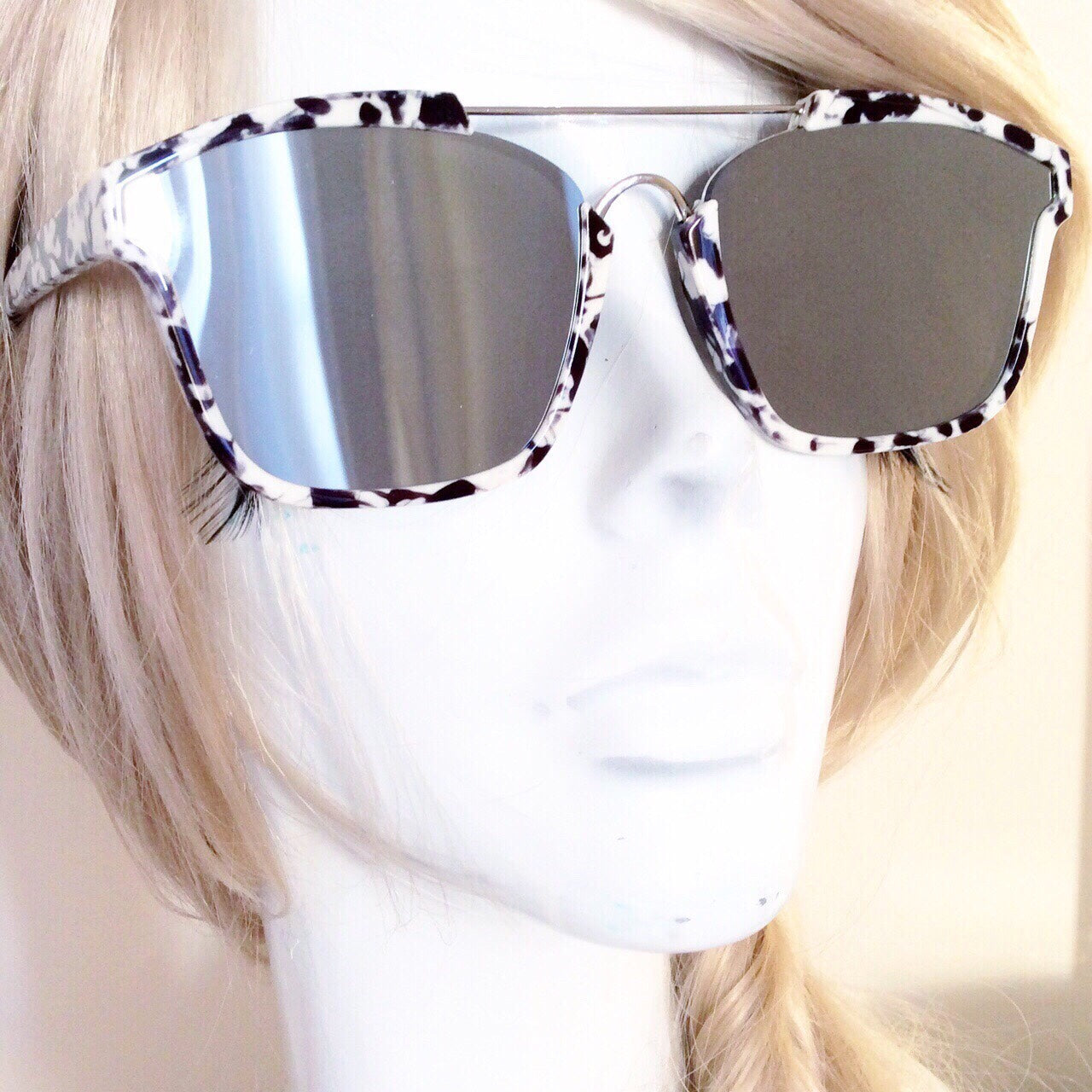 VINTAGE RETRO ABSTRACT MARBLE WHITE BLACK MARBLE PATTERN FRAME SILVER MIRROR LARGE LENS SUNGLASSES