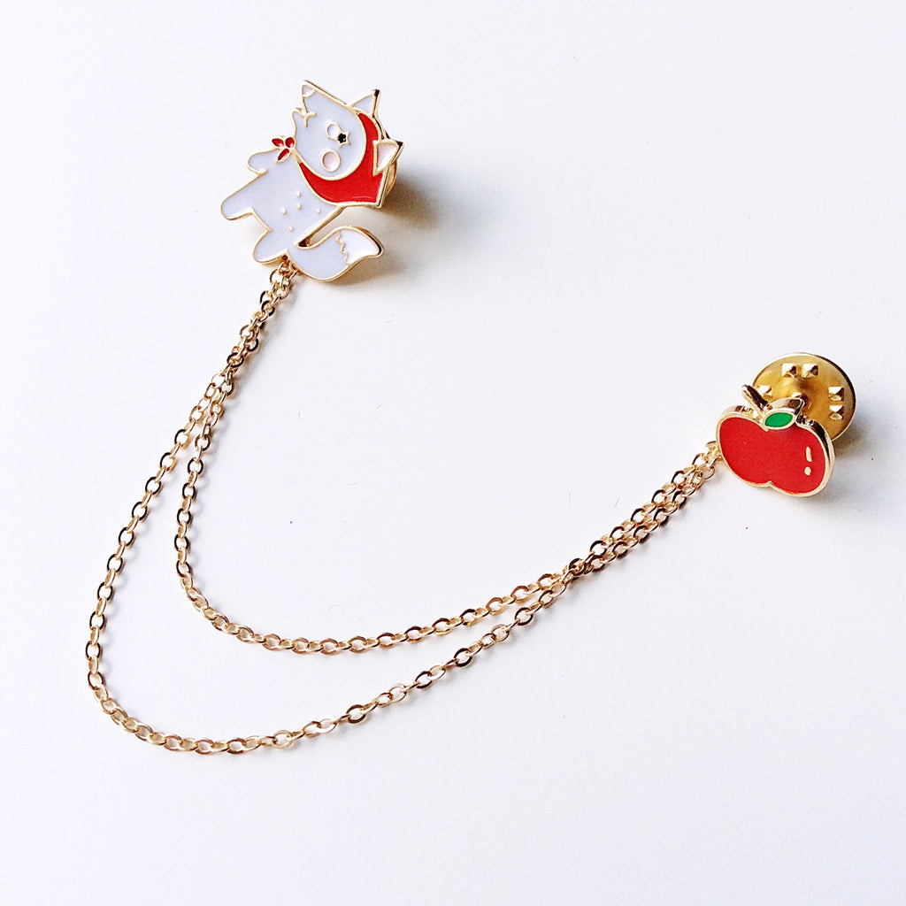 APPLE FOX GOLD WITH FIXED GOLD CHAIN COLLAR PIN PINS BAG PINS BROOCH