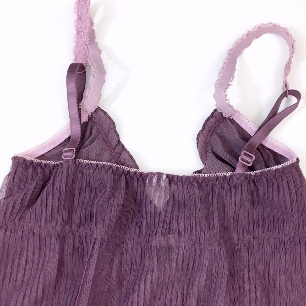 DEEP PURPLE PLUM PLEATED MESH SHEER LACE TRIM CAMI VEST STRETCHY TOP LINGERIE BABYDOLL