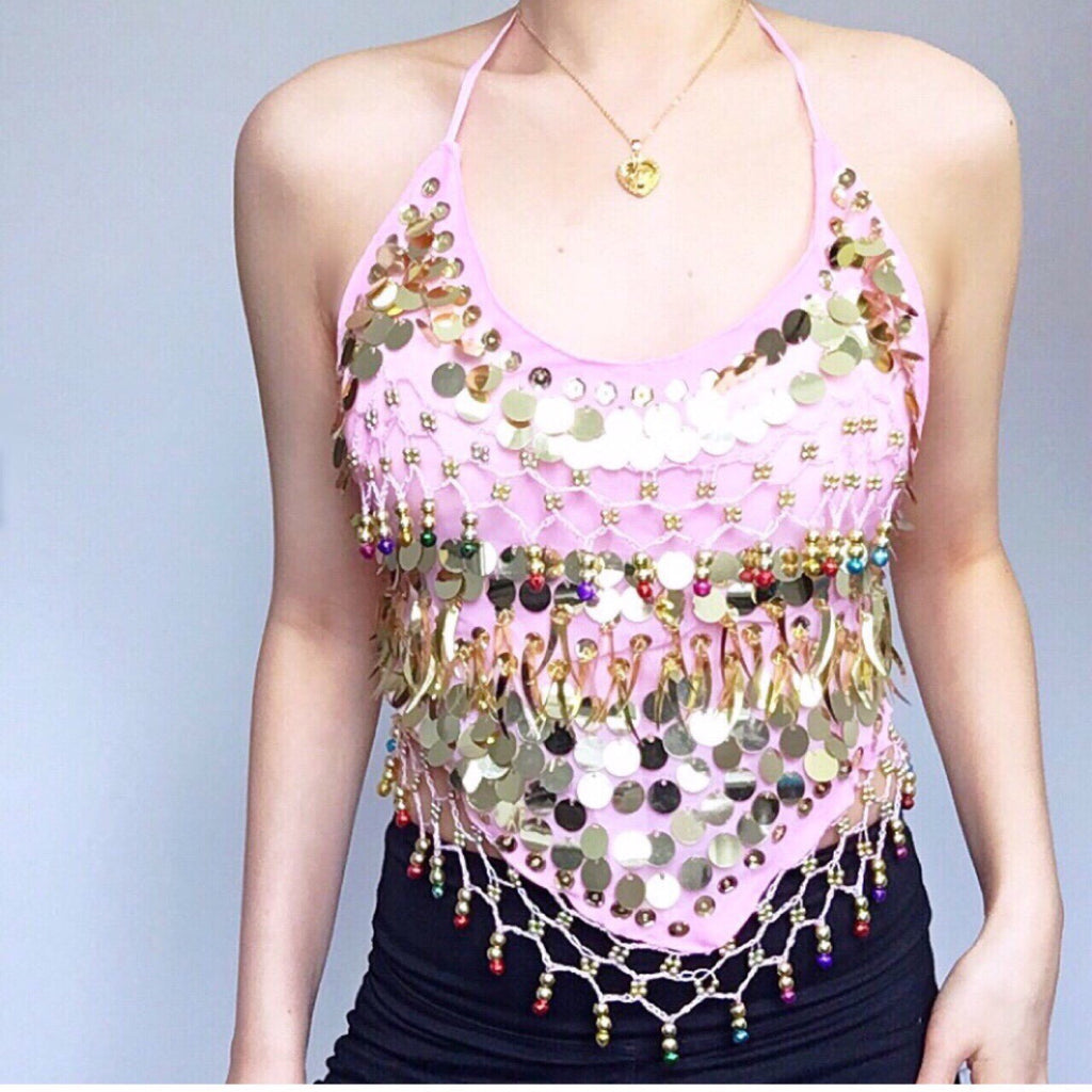 FESTIVAL PARTY BOHO HIPPIE WHITE HALTER NECK TIES BACKLESS EMBELLISHED BEADED COINS TOP