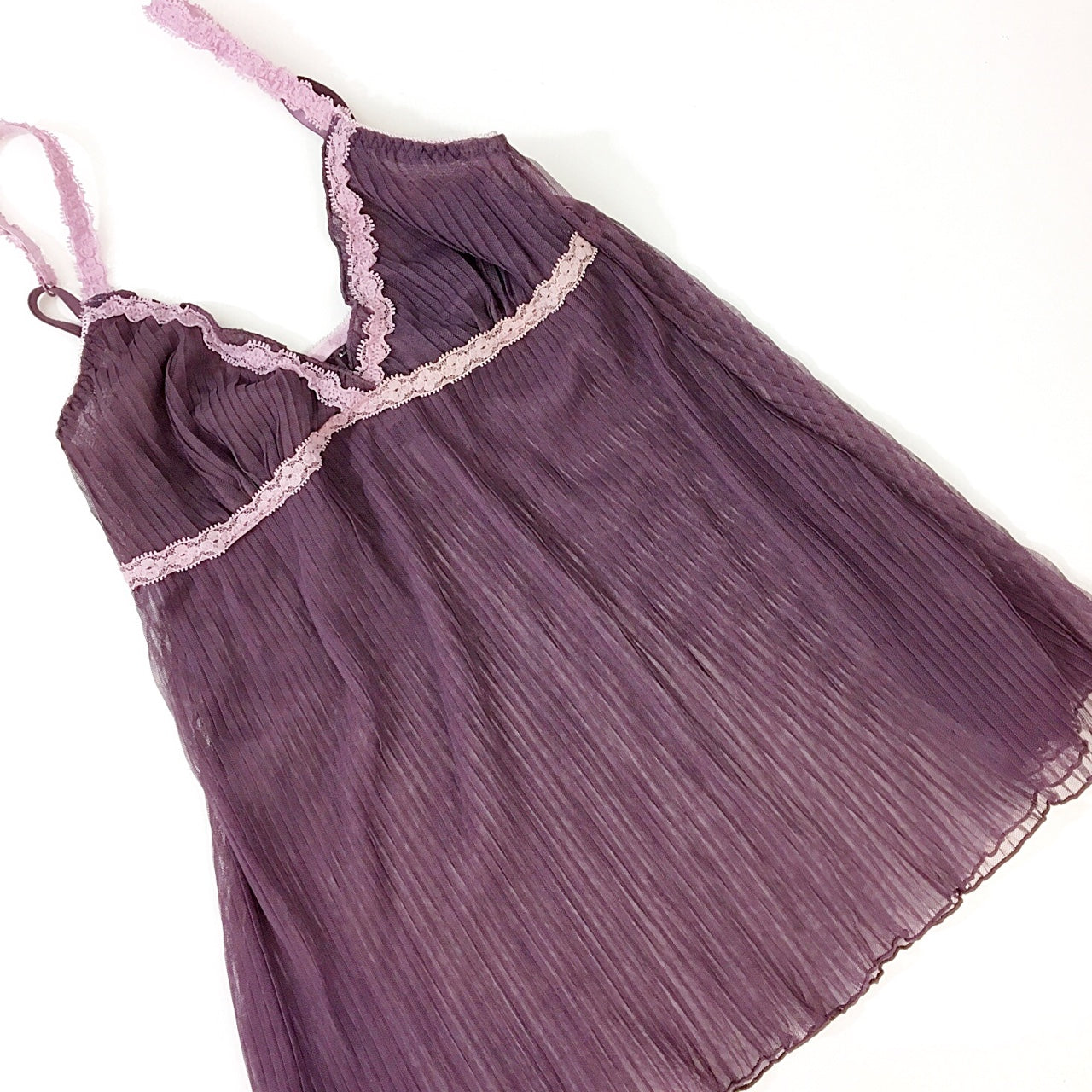 DEEP PURPLE PLUM PLEATED MESH SHEER LACE TRIM CAMI VEST STRETCHY TOP LINGERIE BABYDOLL