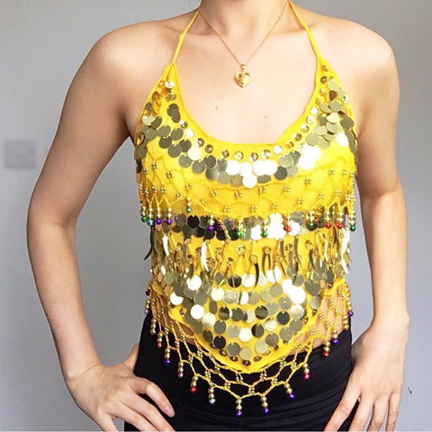 FESTIVAL PARTY BOHO HIPPIE WHITE HALTER NECK TIES BACKLESS EMBELLISHED BEADED COINS TOP
