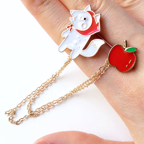 APPLE FOX GOLD WITH FIXED GOLD CHAIN COLLAR PIN PINS BAG PINS BROOCH