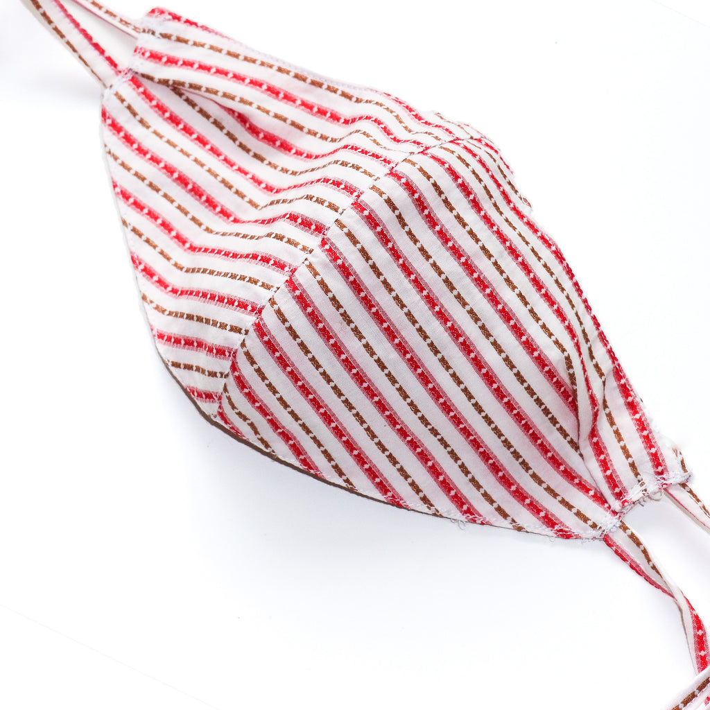 STRIPY RED BROWN COTTON 3 LAYERS WITH FILTER POCKET NON MEDICAL TAILOR MADE FACE MASK FOR KID TEEN WOMEN LADIES MEN