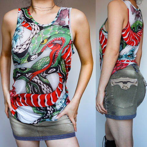 90S Y2K 2000S VINTAGE GREEN RED CHRISTOPHER KANE SNAKE FLORAL ORIENTAL ART PRINT STRETCHY VEST TOP