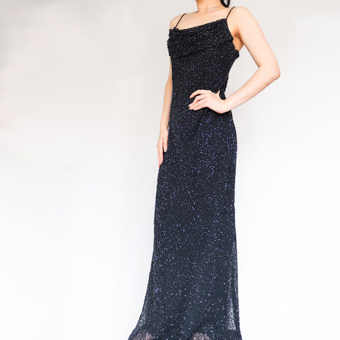 90s Y2K 00s VINTAGE BLACK COWL NECK BEADED STRAPS FULL LENGTH LONG MAXI EVENING SLIP DRESS