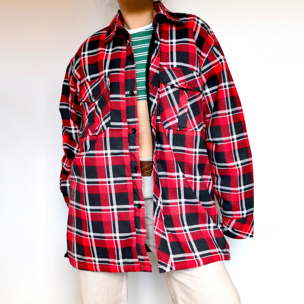 VINTAGE UNISEX MEN RED NAVY BLACK WHITE CHECK OVERSIZED FLEECE LINING COAT SHIRT BLAZER JACKET